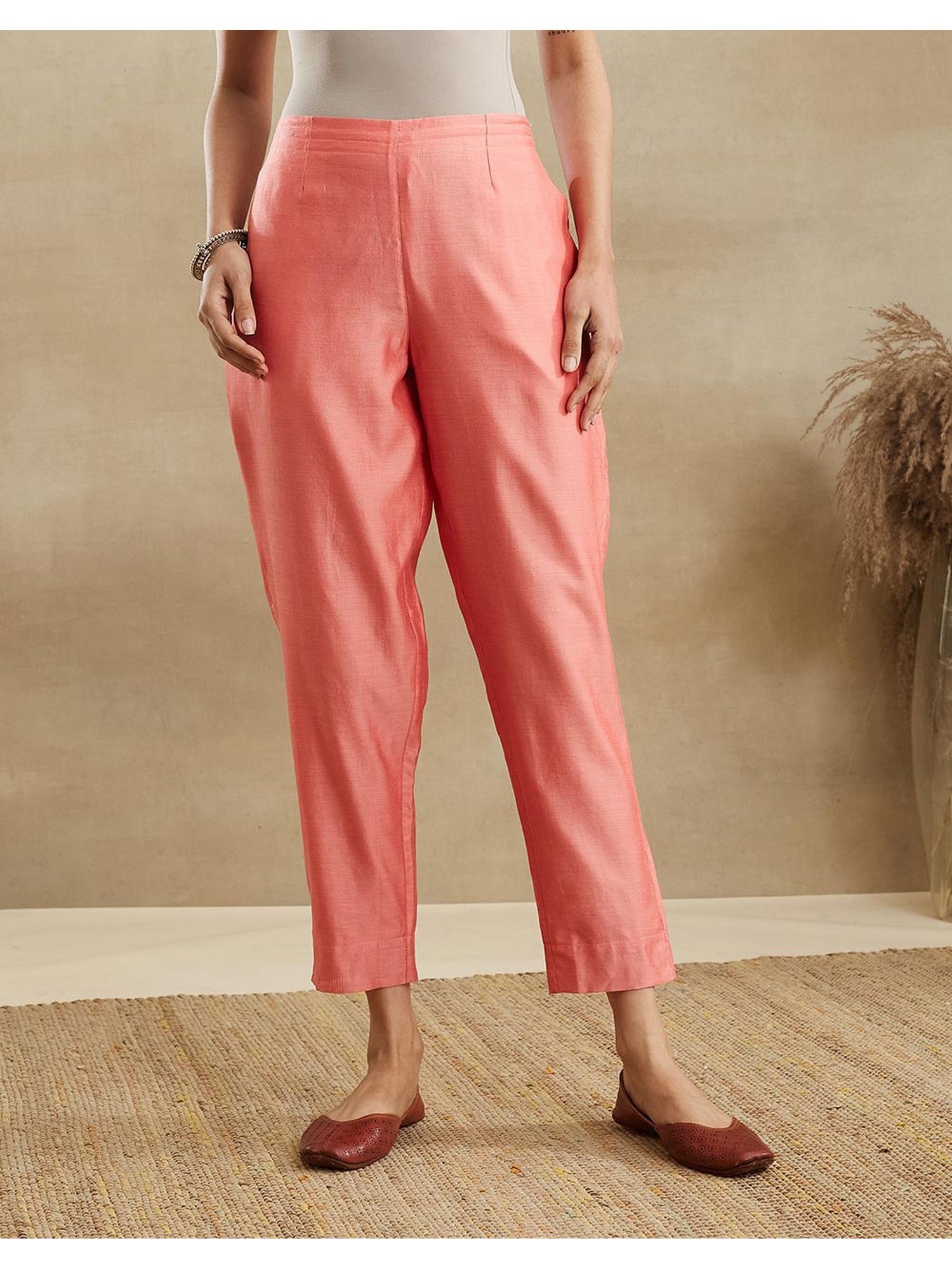 fabindia Women Peach Cotton Silk Solid Tapered Pant-picture-29