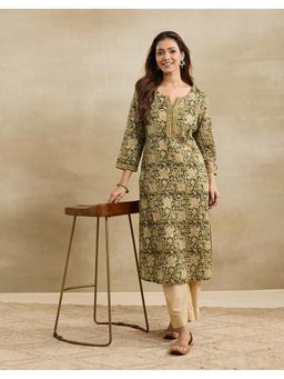 Fabindia - Green Cotton Floral Print Long Kurta