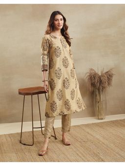 Fabindia - Brown Cotton Silk Floral Print Long Kurta