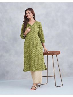 Fabindia - Green Cotton Floral Printed V-Neck Long Kurta