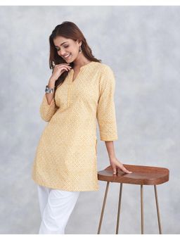 Fabindia - White Cotton Geometric Print Short Kurta