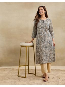 Fabindia - Indigo Cotton Kalamkari Print Long Kurta