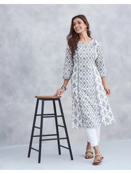 Fabindia - White Cotton Floral Print Long Kurta