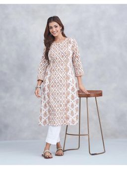Fabindia - White Cotton Floral Print Long Kurta
