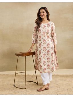 Fabindia - Beige Cotton Floral Print Long Kurta