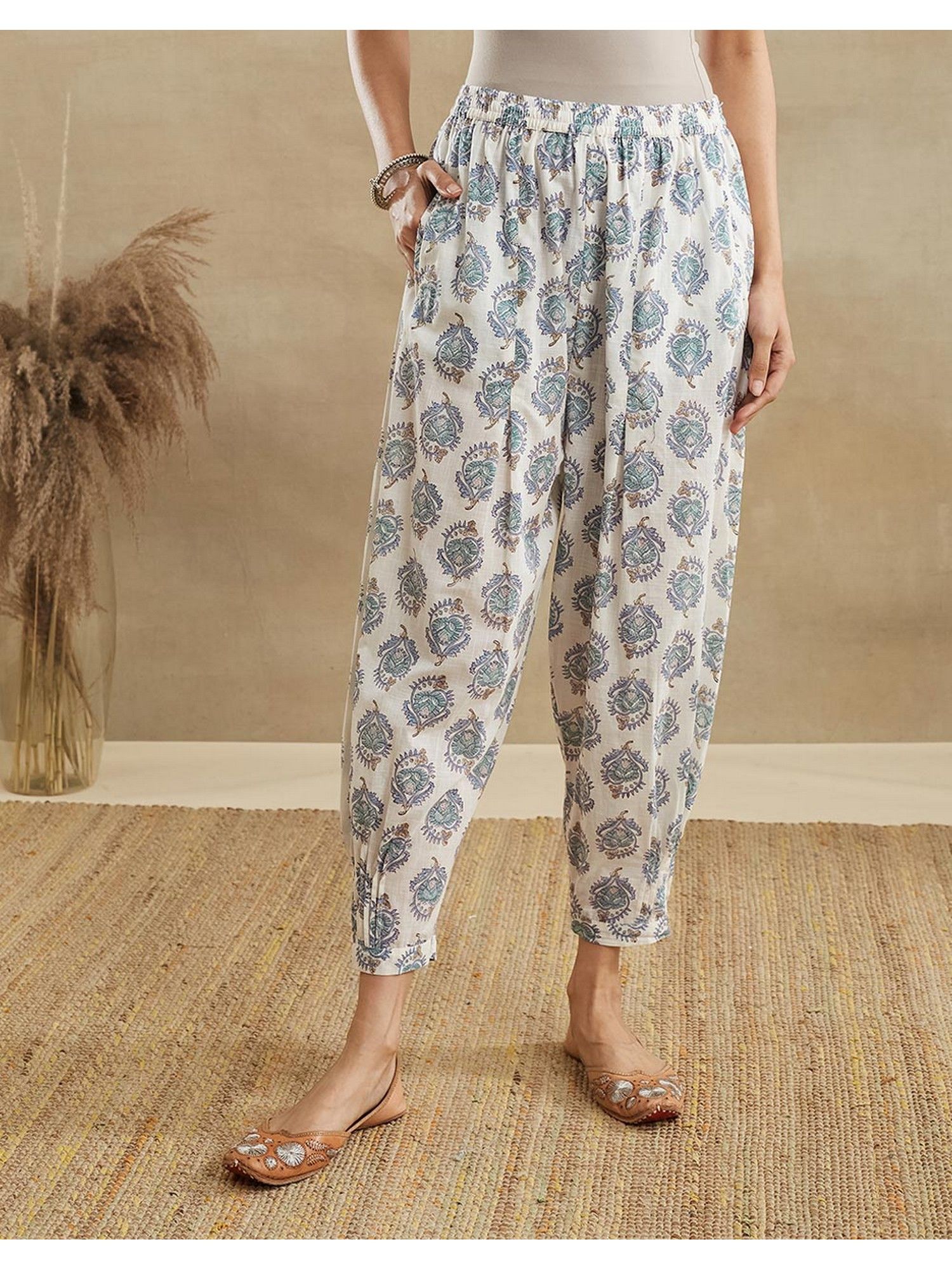 fabindia Women White Cotton Abstract Tapered Pant-picture-13
