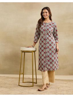 Fabindia - Maroon Cotton Floral Print Long Kurta