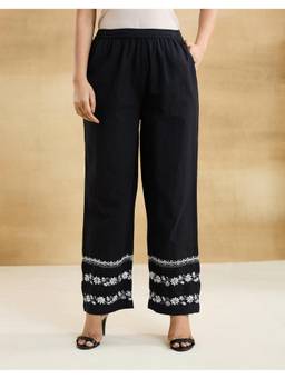 Fabindia - Women Black Cotton Embroidered Wide Palazzo