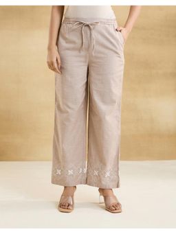 Fabindia - Women Beige Cotton Embroidered Straight Pant