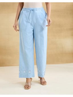 Fabindia - Women Blue Cotton Embroidered Straight Pant