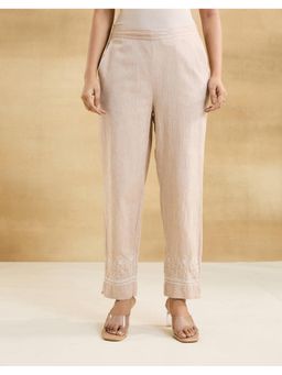 Fabindia - Women Beige Cotton Embroidered Tapered Pant