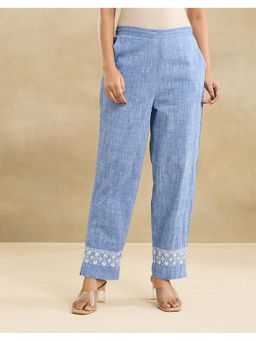 Fabindia - Women Blue Cotton Embroidered Straight Pant