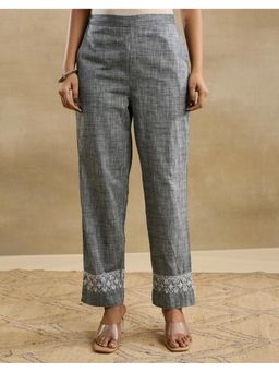 Fabindia - Women Grey Cotton Embroidered Straight Pant