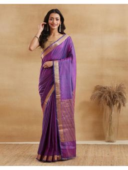 Fabindia - Purple Viscose Blend Banarsi Saree Without Blouse