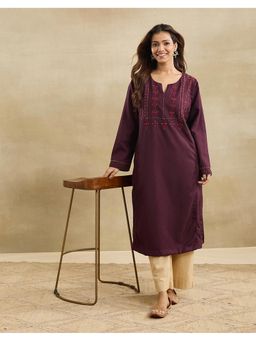 Fabindia - Purple Wool Embroidered Long Kurta
