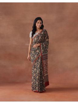 Fabindia - Black Viscose Bagru Printed Saree Without Blouse