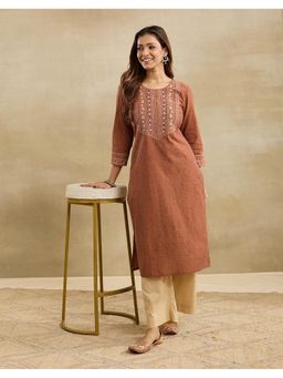 Fabindia - Rust Cotton Embroidered Long Kurta
