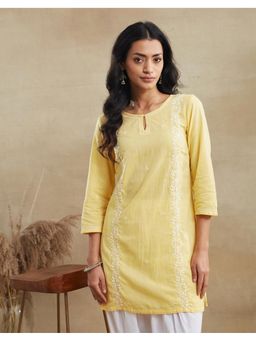 Fabindia - Yellow Cotton Chikankari Short Kurta