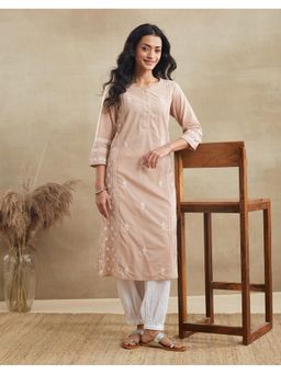 Fabindia - Pink Cotton Chikankari Long Kurta