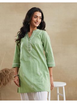 Fabindia - Green Cotton Chikankari Short Kurta