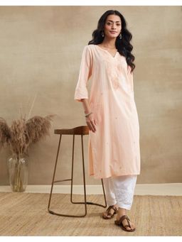 Fabindia - Peach Cotton Chikankari Long Kurta