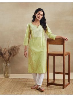 Fabindia - Green Cotton Chikankari Long Kurta