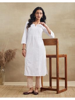 Fabindia - Off White Cotton Chikankari Long Kurta