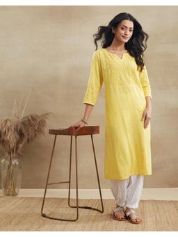 Fabindia - Mustard Cotton Chikankari Long Kurta