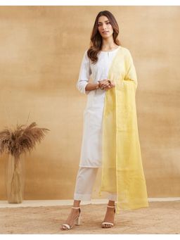 Fabindia - Women Yellow Cotton Silk Embroidered Dupatta