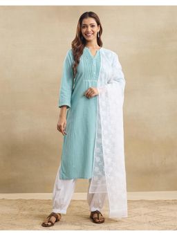 Fabindia - Women White Cotton Silk Embroidered Dupatta