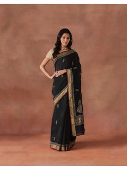 Fabindia - Black Cotton Silk Chikankari Saree Without Blouse