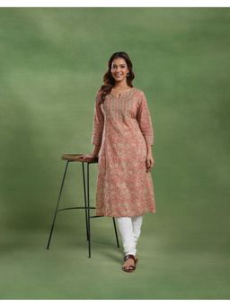 Fabindia - Peach Cotton Floral Print Long Kurta