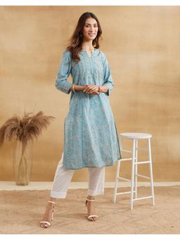 Fabindia - Teal Cotton Hand Block Printed Long Kurta