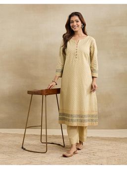 Fabindia - Beige Cotton Geometric Print Long Kurta