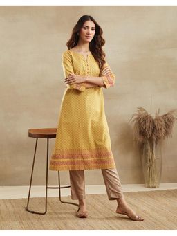 Fabindia - Mustard Cotton Geometric Print Long Kurta