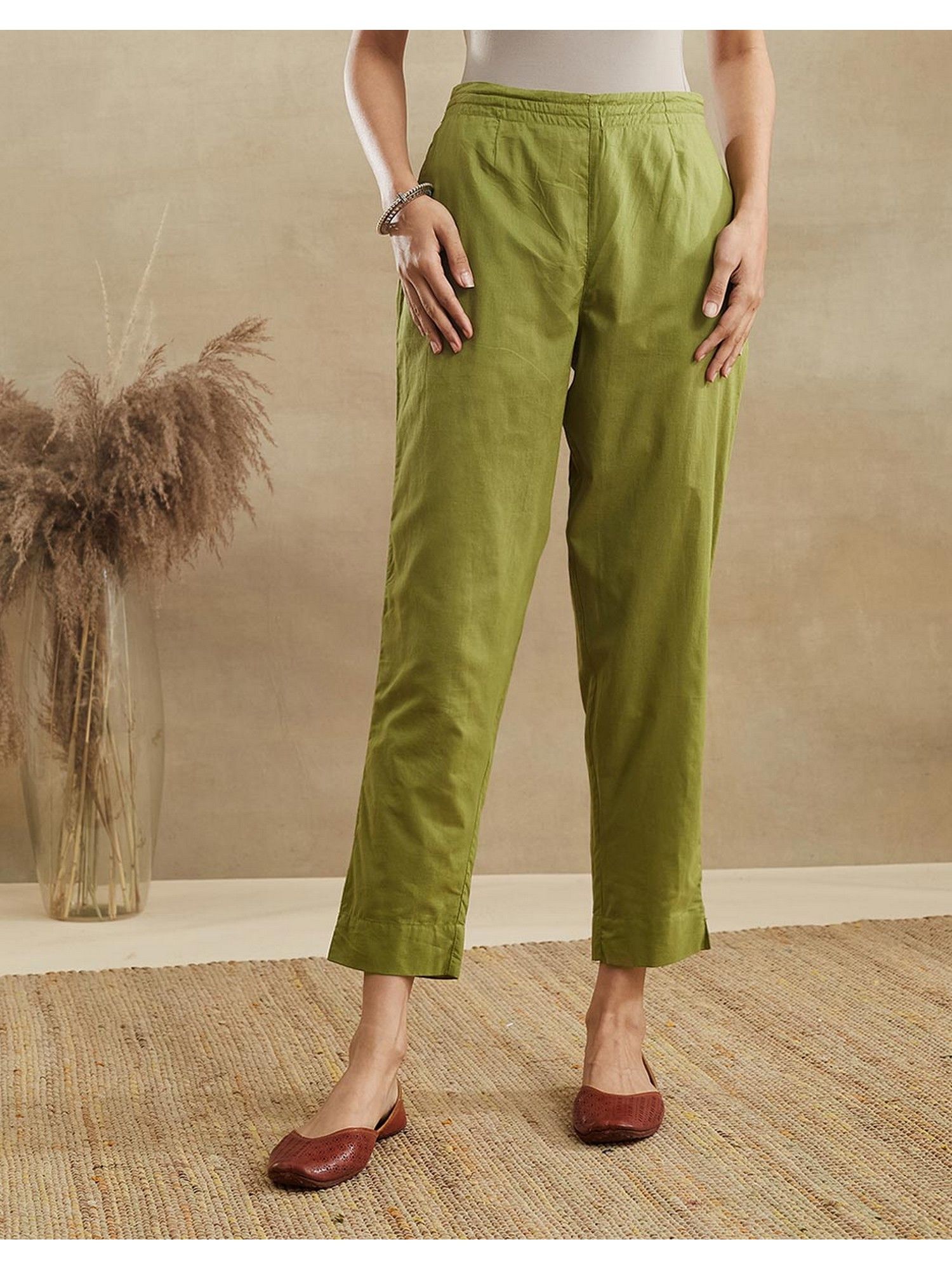 fabindia Women Green Cotton Solid Tapered Pant-picture-14