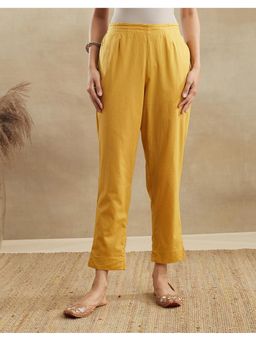 Fabindia - Women Mustard Cotton Solid Tapered Pant