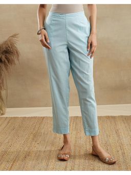 Fabindia - Women Turquoise Cotton Solid Tapered Pant