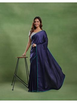 Fabindia - Navy Viscose Blend Embroidered Stitched Saree with Unstitched Blouse