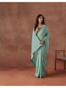 Fabindia - Green Cotton Silk Embroidered Stitched Saree with Unstitched Blouse