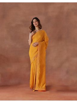 Fabindia - Yellow Cotton Silk Embroidered Stitched Saree with Unstitched Blouse