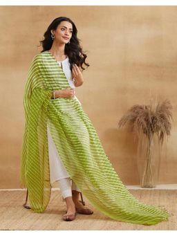Fabindia - Women Green Cotton Silk Stripes Dupatta