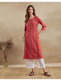 Fabindia - Pink Cotton Striped Long Kurta