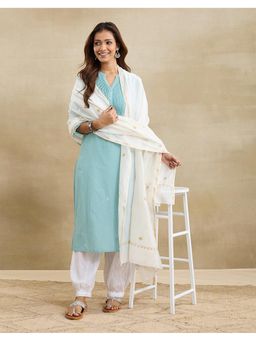 Fabindia - Women Off White Cotton Silk Embroidered Dupatta