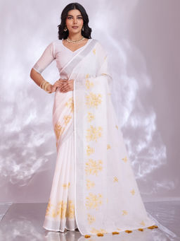 Akhilam - Linen White Embroidered Designer Saree with Unstitched Blouse