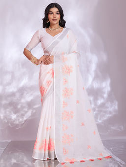 Akhilam - Linen White Embroidered Designer Saree with Unstitched Blouse