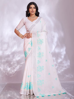 Akhilam - Linen White Embroidered Designer Saree with Unstitched Blouse