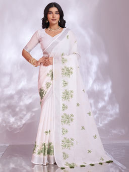 Akhilam - Linen White Embroidered Designer Saree with Unstitched Blouse