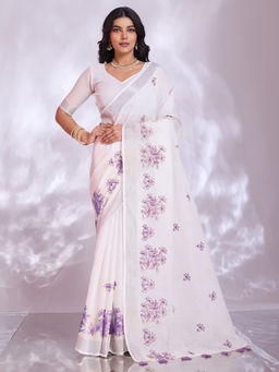 Akhilam - Linen White Embroidered Designer Saree with Unstitched Blouse