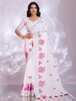 Akhilam - Linen White Embroidered Designer Saree with Unstitched Blouse